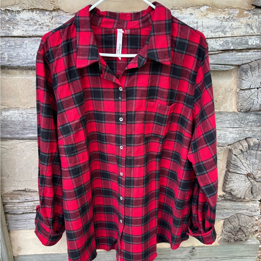 N.Y. Collection Red, Green & Black Plaid Button-Down Flannel Shirt Size 3X NWOT